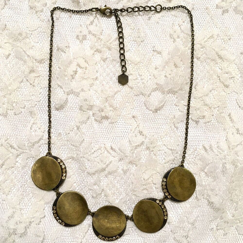 Gold Brass Tone Coin Style Pendant Necklace Rhinestone Accents